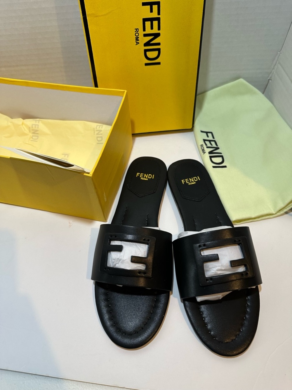 Fendi Black and Tan Leather Logo-Stamped Slide Sandals